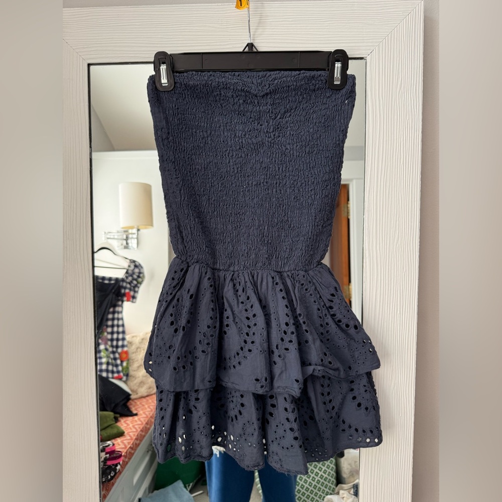 Strapless Navy Eyelet Tiered Dress